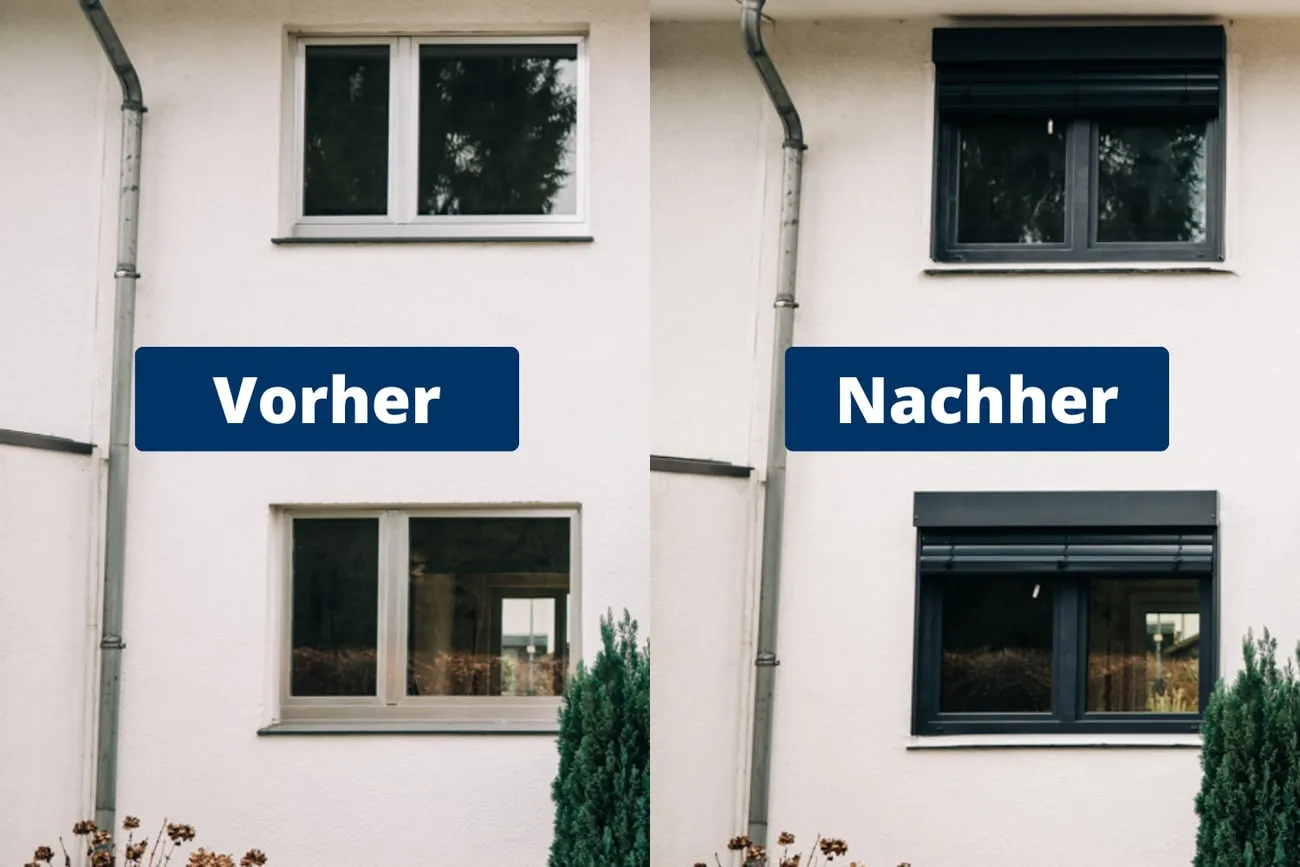 Hausfassade im Vorher-Nachher-Vergleich mit neuen Fenstern