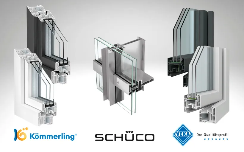Fensterprofile von Kömmerling, Schüco und Veka im Querschnitt
